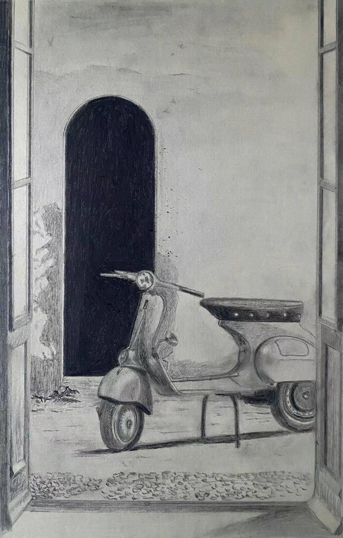 作品：门前的摩托车。材料：绢上铅笔画。尺寸：25x40厘米。年代：2023。.jpg
